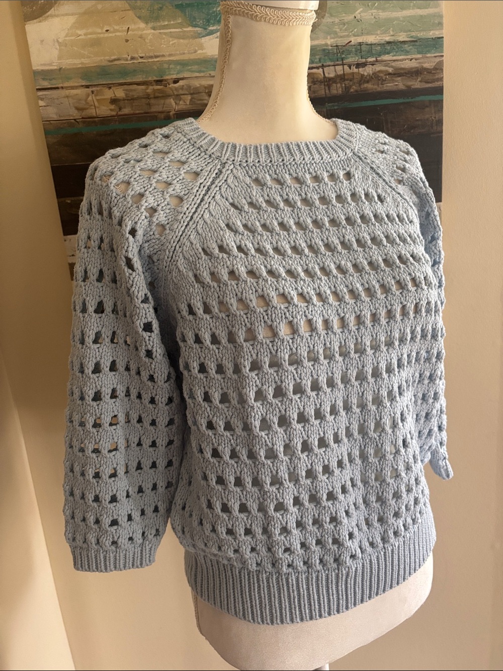 Light Blue Open-Knit Crewneck Sweater